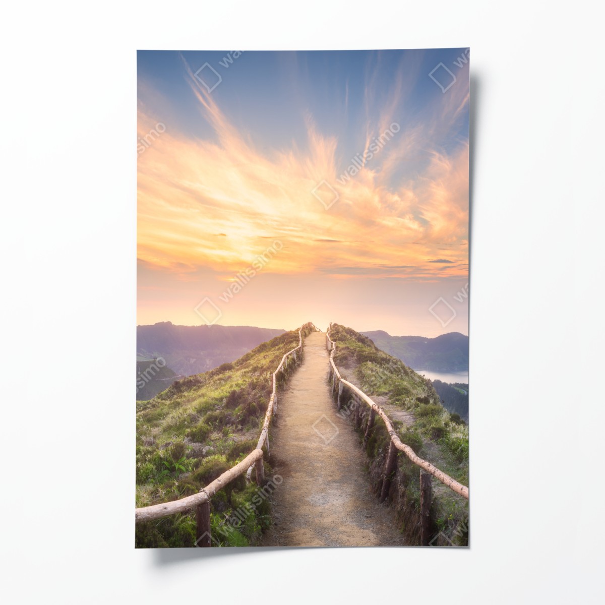 Poster sunset ridge path over serene lake and valley