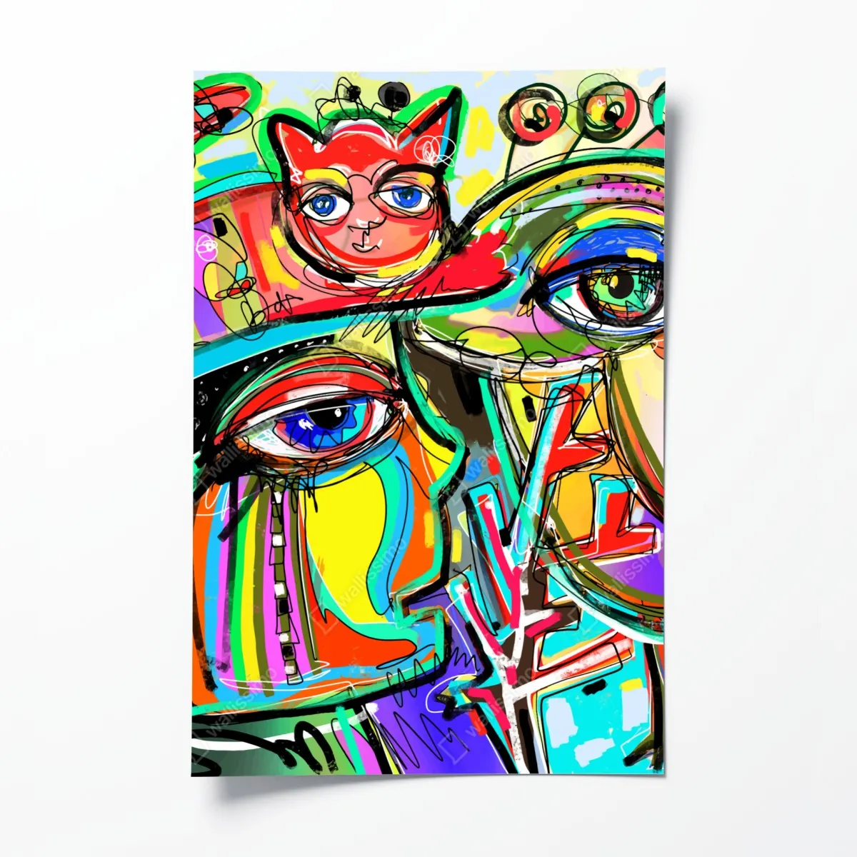 Plakat żywe abstrakcyjne twarze z kotem i ptakiem – Wallissimo® Plakat żywe abstrakcyjne twarze z kotem i ptakiem – Wallissimo®