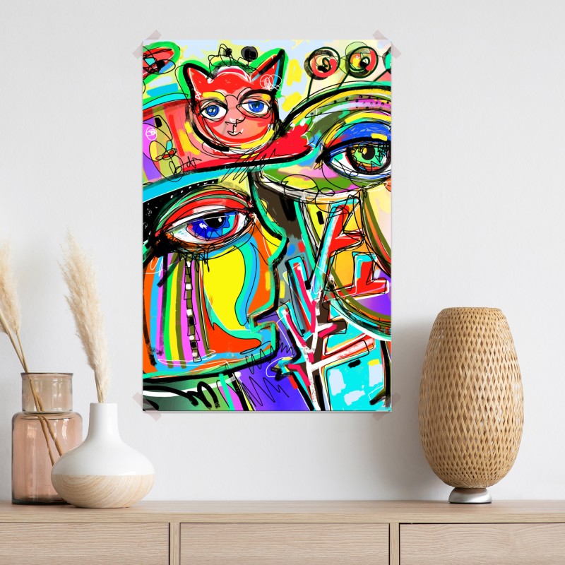 Plakat żywe abstrakcyjne twarze z kotem i ptakiem