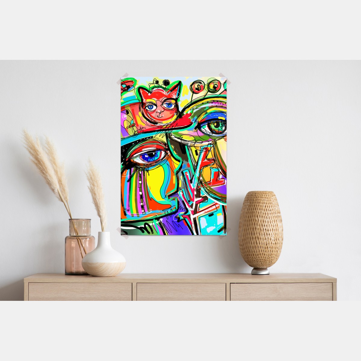 Plakat żywe abstrakcyjne twarze z kotem i ptakiem – Wallissimo® Plakat żywe abstrakcyjne twarze z kotem i ptakiem – Wallissimo®