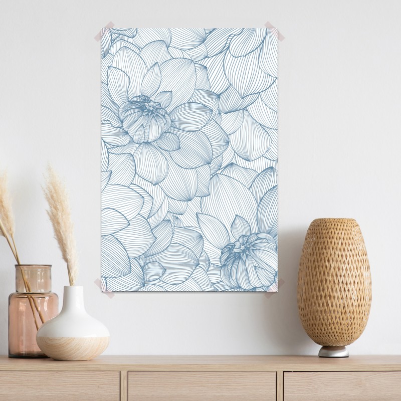 Plakat delikatny, liniowy wzór kwiatowy w odcieniach niebieskiego – Wallissimo® Plakat delikatny, liniowy wzór kwiatowy w odcieniach niebieskiego – Wallissimo®