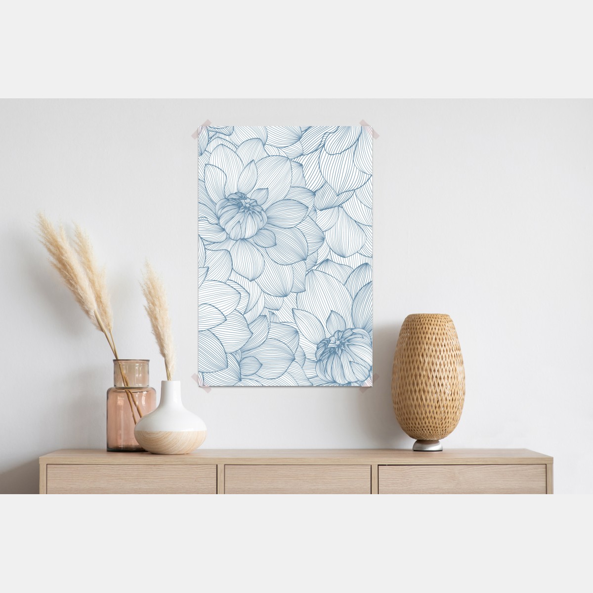 Plakat delikatny, liniowy wzór kwiatowy w odcieniach niebieskiego – Wallissimo® Plakat delikatny, liniowy wzór kwiatowy w odcieniach niebieskiego – Wallissimo®