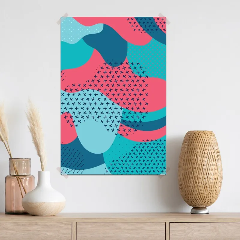 Plakat abstrakcyjny falisty wzór w turkusie i koralu