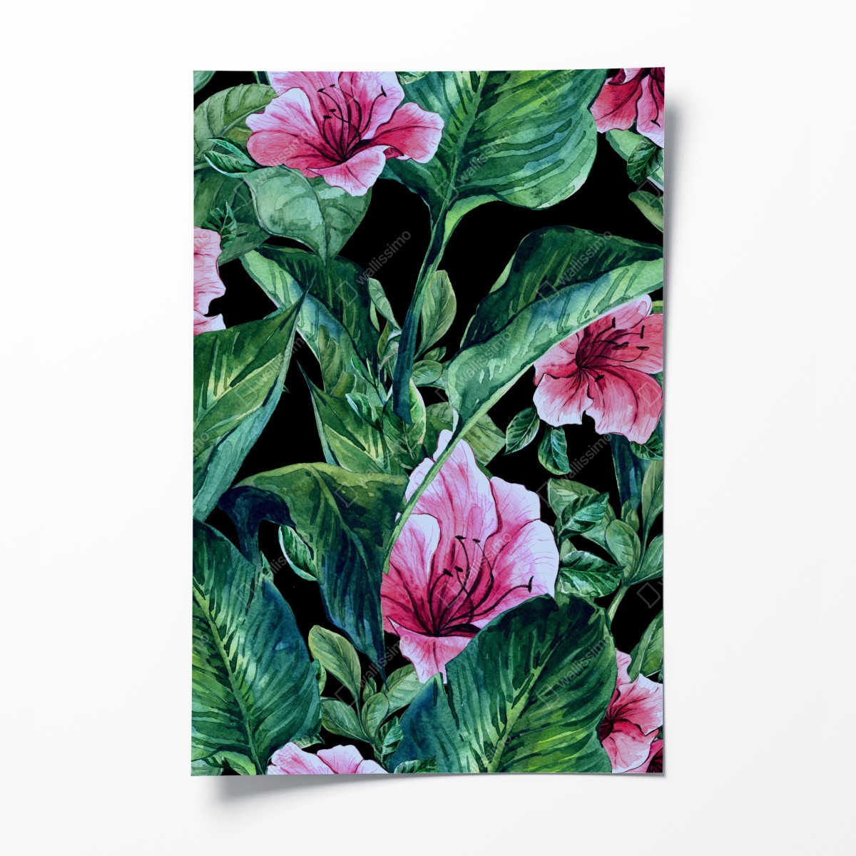 Poster pink watercolor blooms on black background