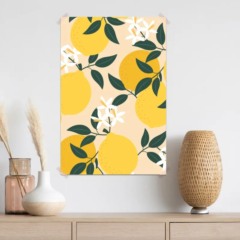 Plakat jasny wzór z cytrynami i kwiatami – Wallissimo® Plakat jasny wzór z cytrynami i kwiatami – Wallissimo®