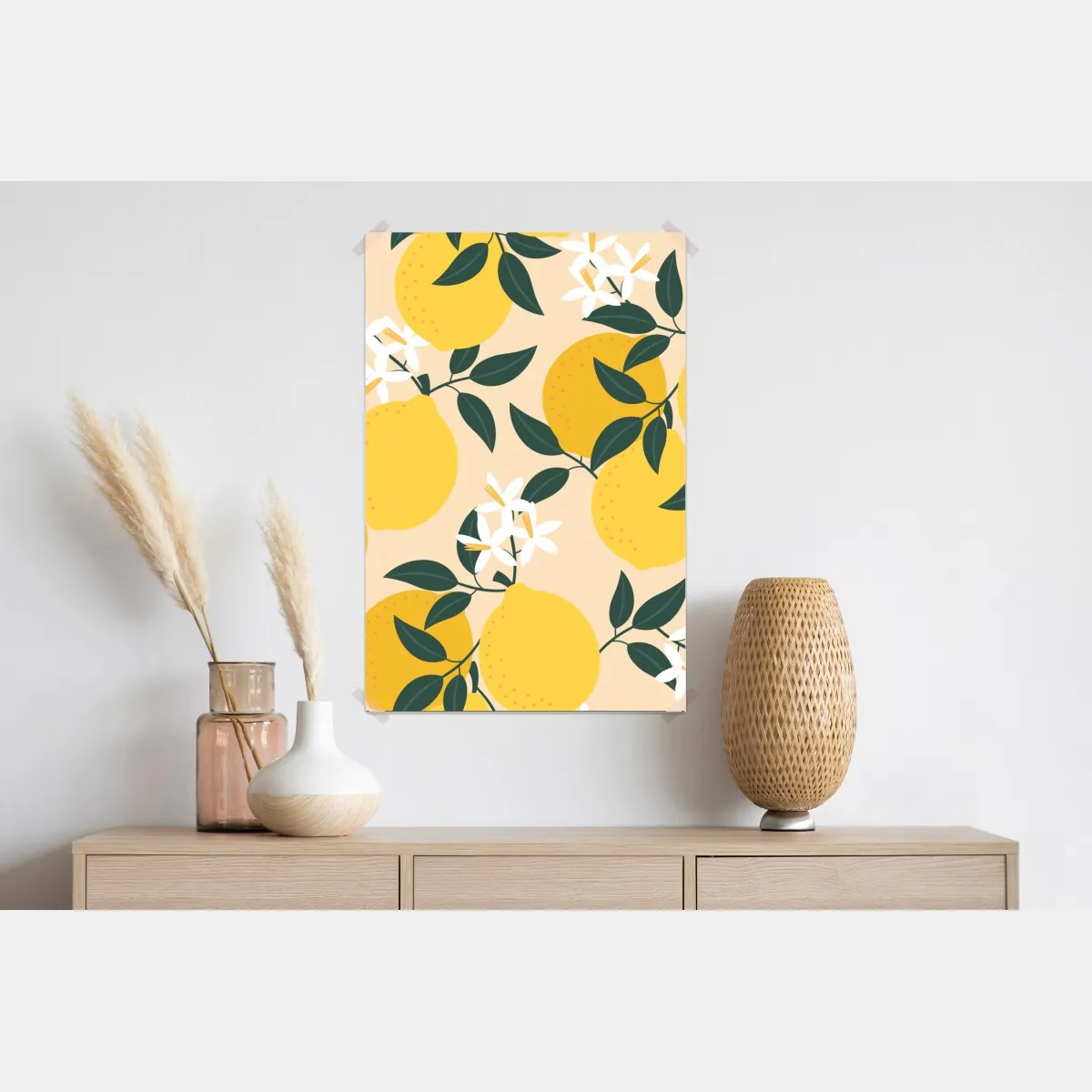 Plakat jasny wzór z cytrynami i kwiatami – Wallissimo® Plakat jasny wzór z cytrynami i kwiatami – Wallissimo®