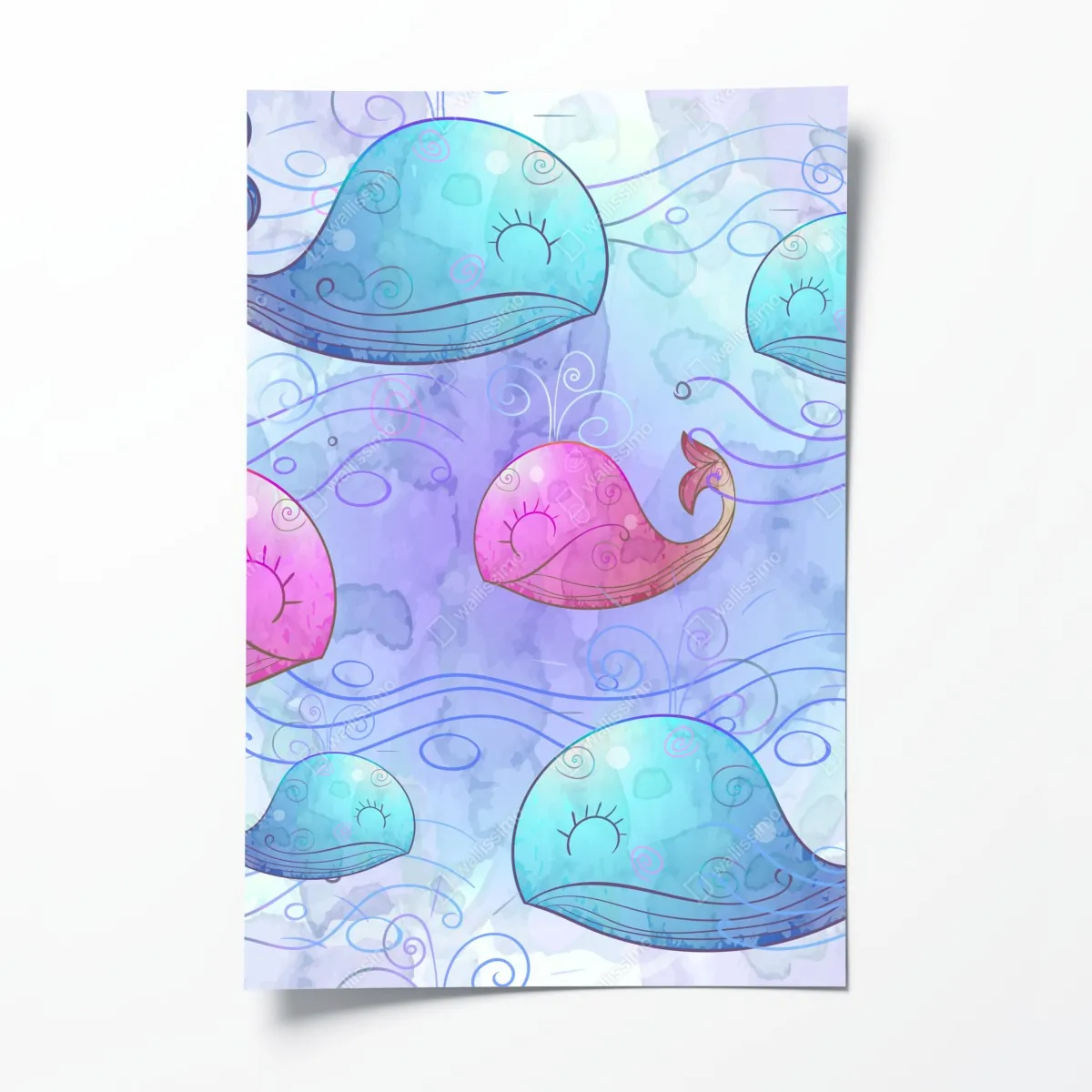 Plakat akwarelowy wzór z wielorybami do pokoju dziecięcego – Wallissimo® Plakat akwarelowy wzór z wielorybami do pokoju dziecięcego – Wallissimo®