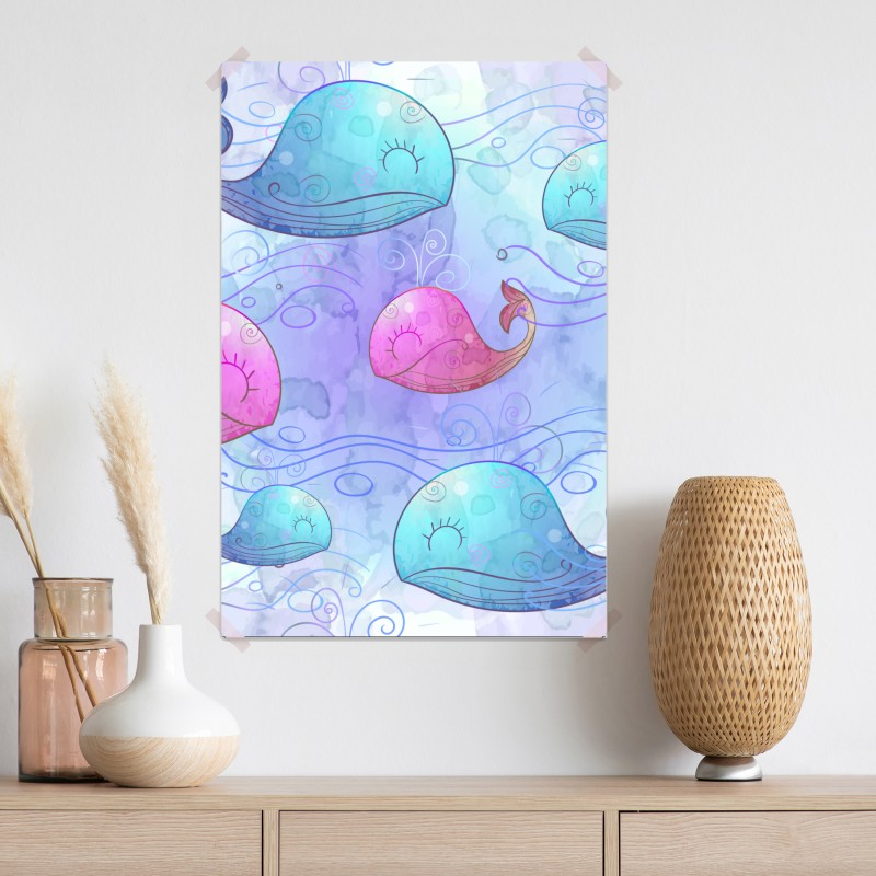 Plakat akwarelowy wzór z wielorybami do pokoju dziecięcego – Wallissimo® Plakat akwarelowy wzór z wielorybami do pokoju dziecięcego – Wallissimo®