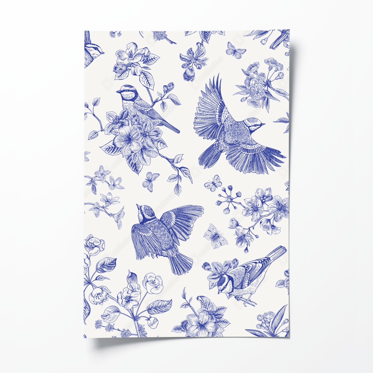 Poster blue vintage bird and blossom pattern