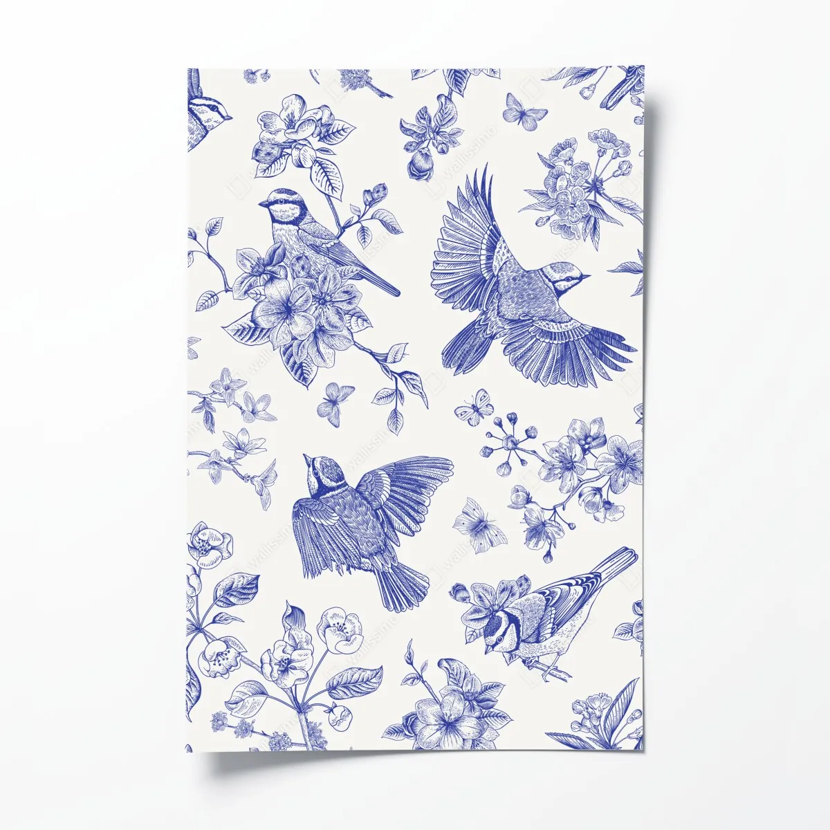 Plakat niebieski wzór ptaków i kwiatów w stylu vintage – Wallissimo® Plakat niebieski wzór ptaków i kwiatów w stylu vintage – Wallissimo®