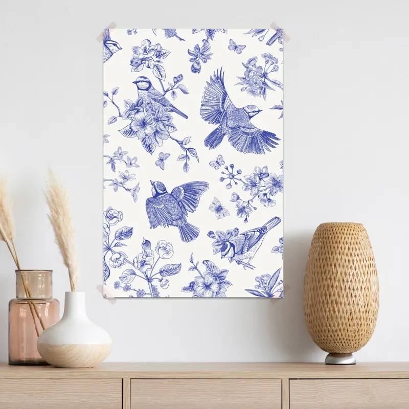 Plakat niebieski wzór ptaków i kwiatów w stylu vintage