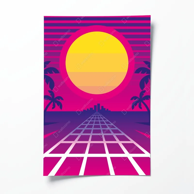 Plakat neonowy zachód słońca nad miastem