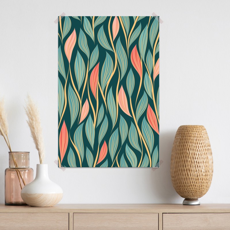Plakat botaniczny wzór liści w turkusie i koralu – Wallissimo® Plakat botaniczny wzór liści w turkusie i koralu – Wallissimo®