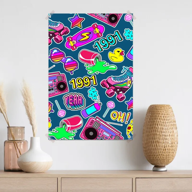 Plakat żywy kolaż naklejek w stylu lat 90 – Wallissimo® Plakat żywy kolaż naklejek w stylu lat 90 – Wallissimo®