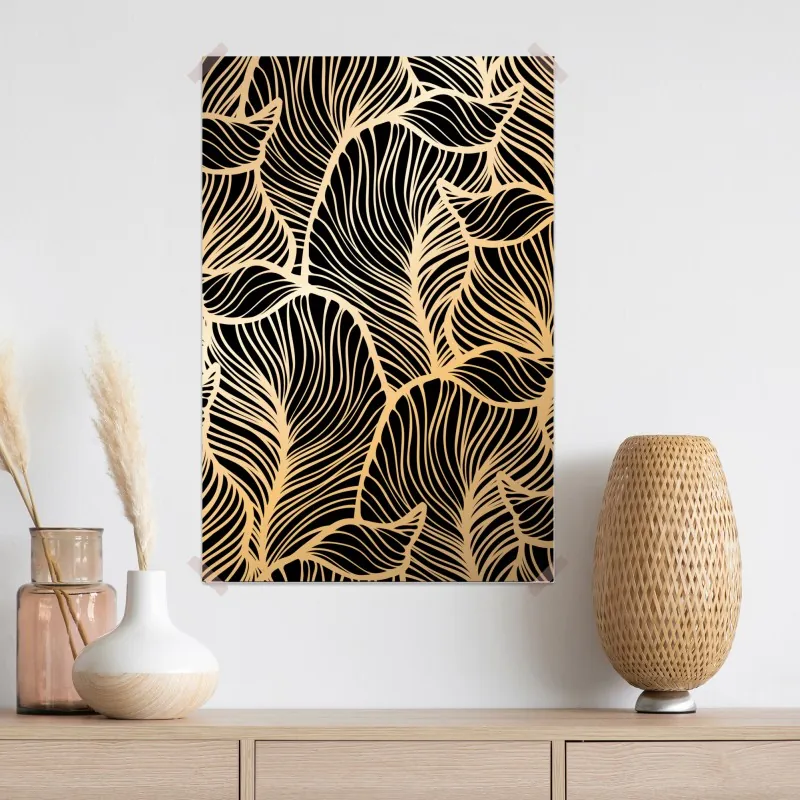Plakat złoty wzór liści na czarnym tle – Wallissimo® Plakat złoty wzór liści na czarnym tle – Wallissimo®