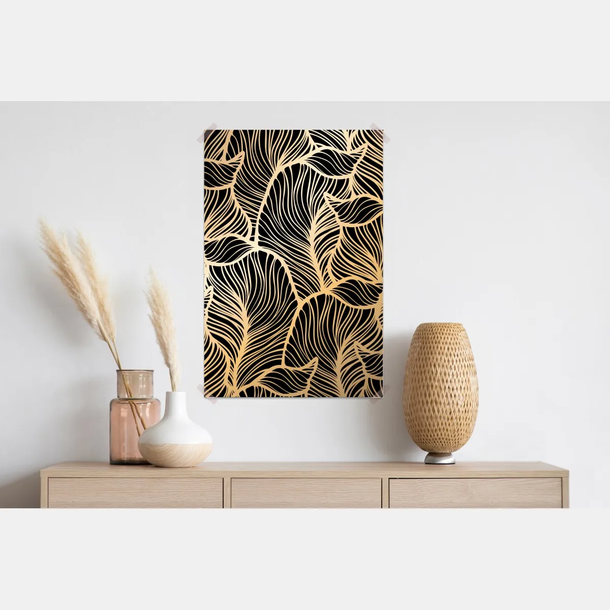 Plakat złoty wzór liści na czarnym tle – Wallissimo® Plakat złoty wzór liści na czarnym tle – Wallissimo®