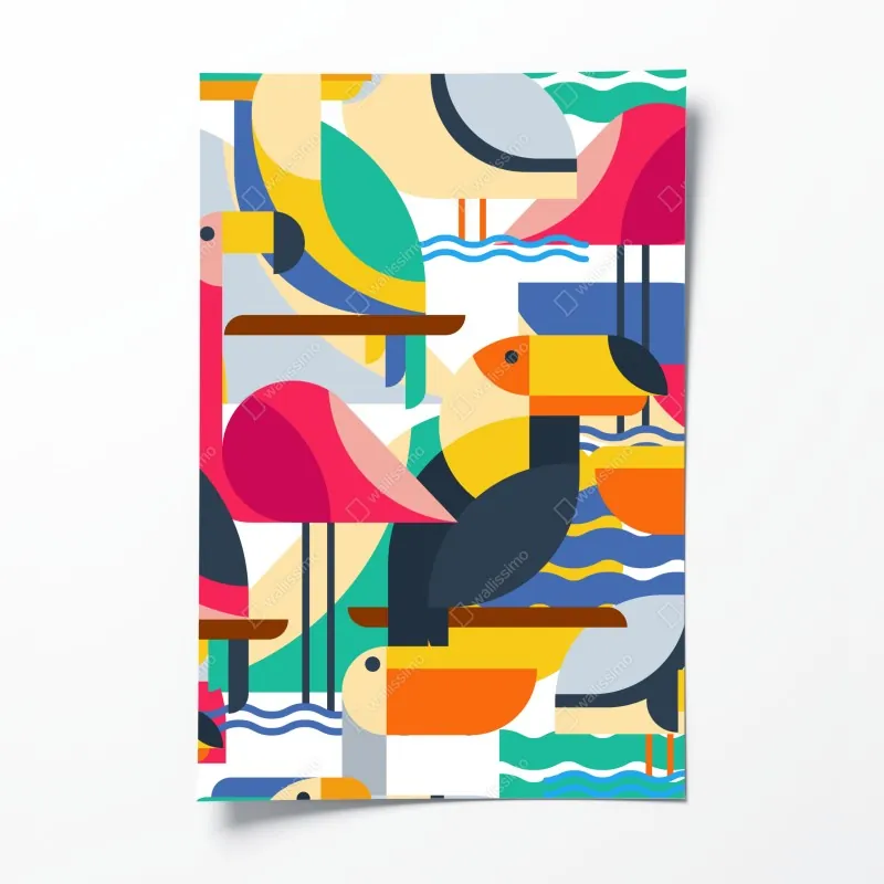 Plakat tropikalny geometryczny wzór ptaków