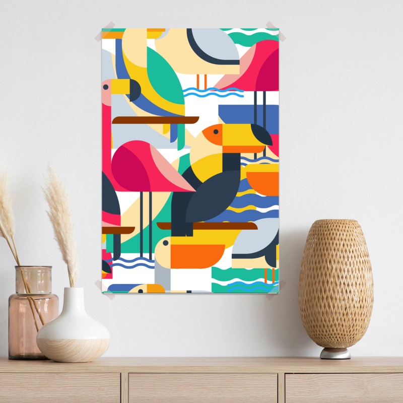 Plakat tropikalny geometryczny wzór ptaków