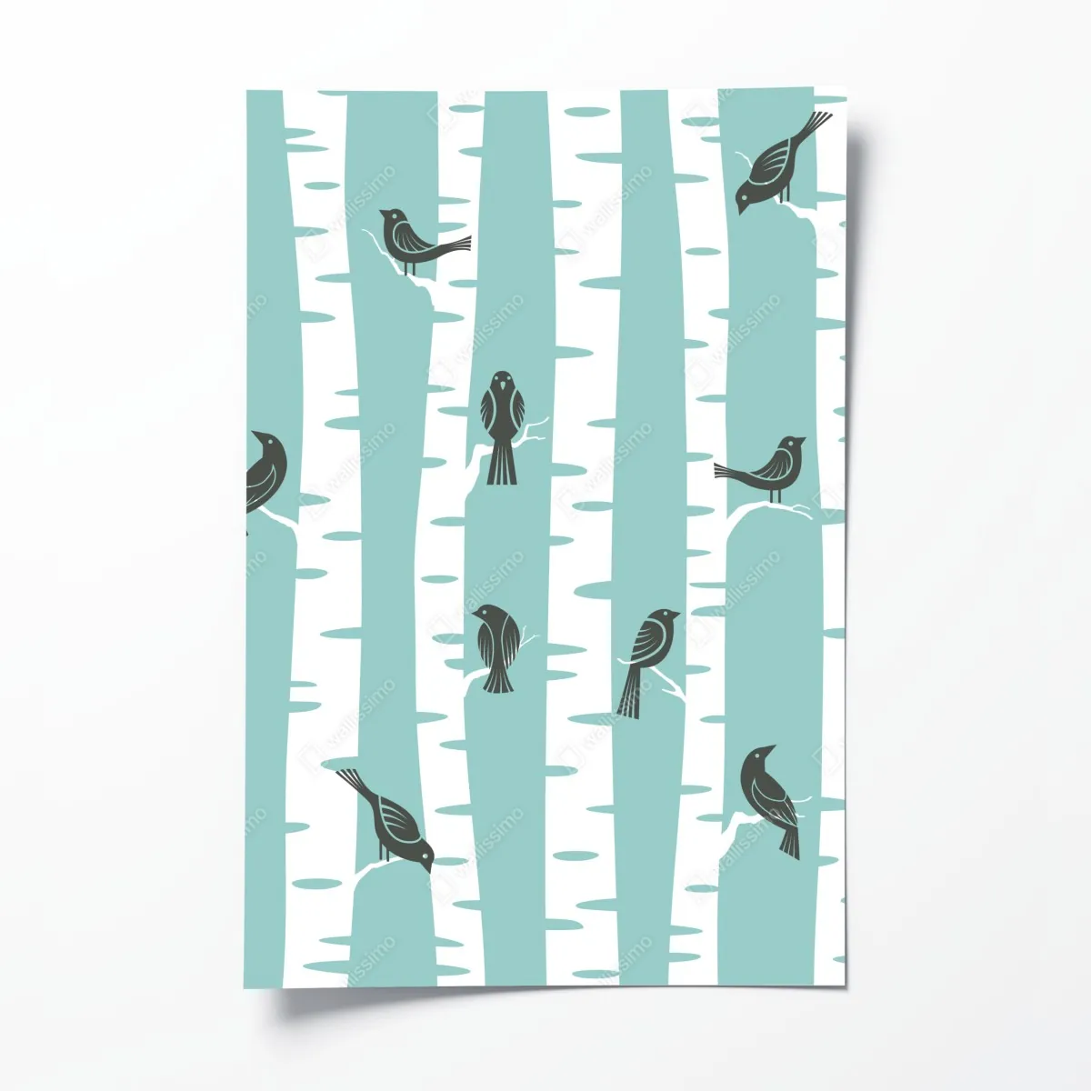 Plakat turkusowy las brzóz z ptakami – Wallissimo® Plakat turkusowy las brzóz z ptakami – Wallissimo®