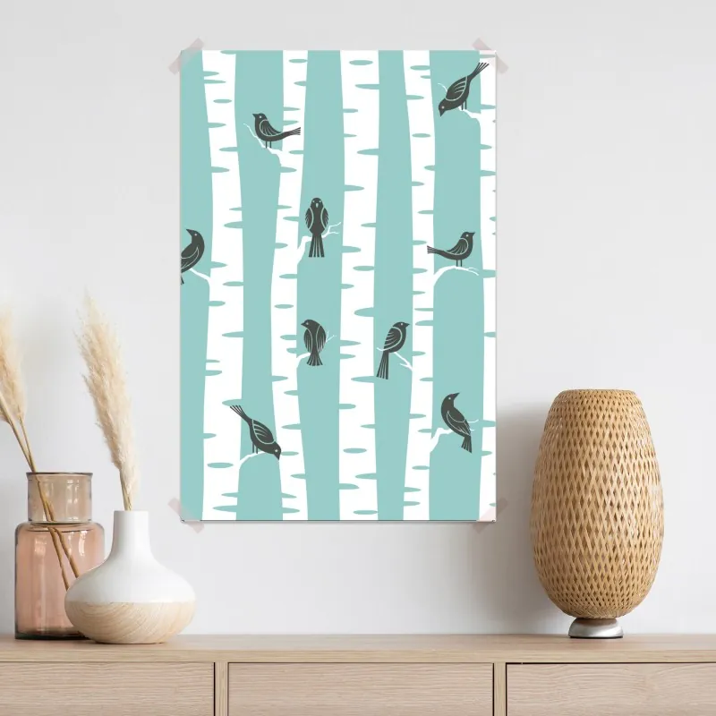 Plakat turkusowy las brzóz z ptakami – Wallissimo® Plakat turkusowy las brzóz z ptakami – Wallissimo®