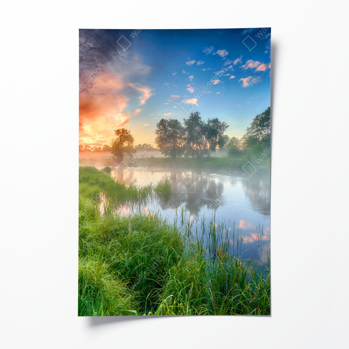 Poster sunrise mist over riverbanks