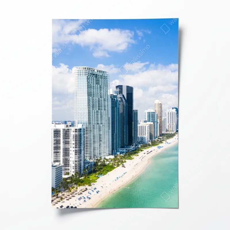 Plakat turkusowa linia brzegowa z wieżowcami