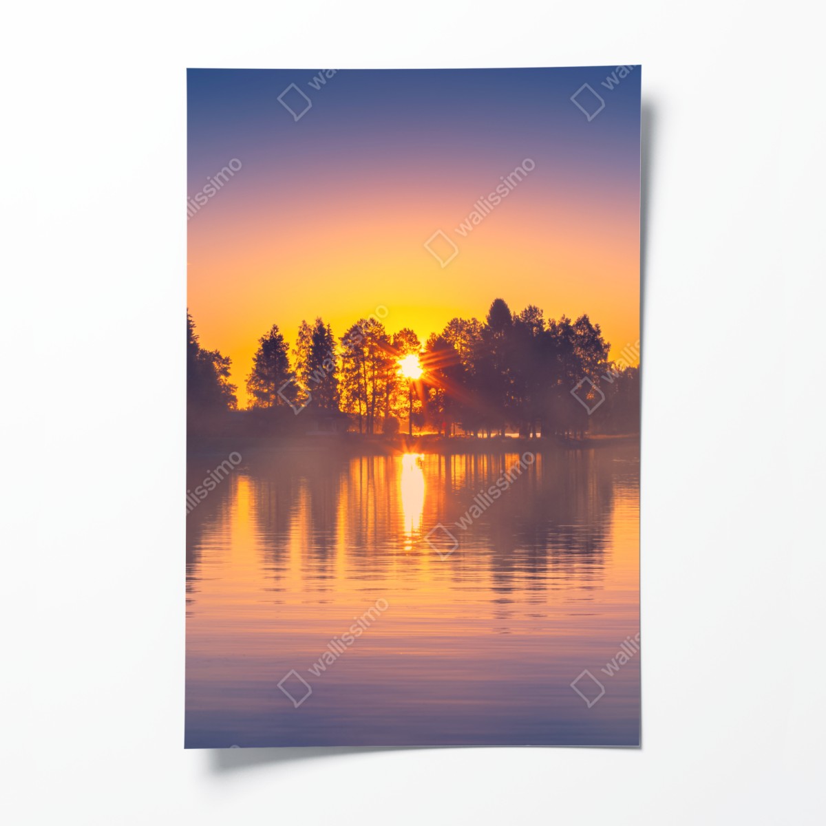 Poster misty lakeside sunset reflections