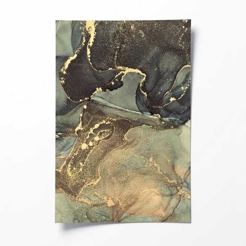 Plakat turkusowo-złota abstrakcja płynna