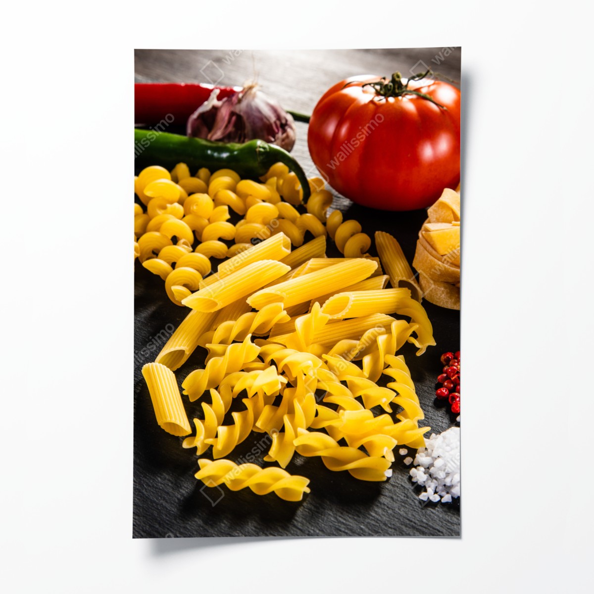 Poster assorted dry pasta and fresh ingredients