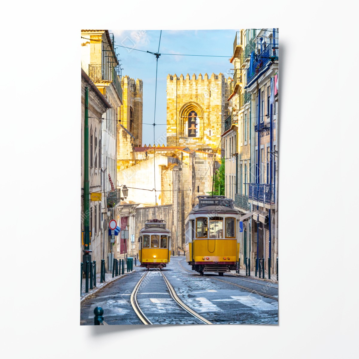 Poster sunlit trams on Lisbon's historic street