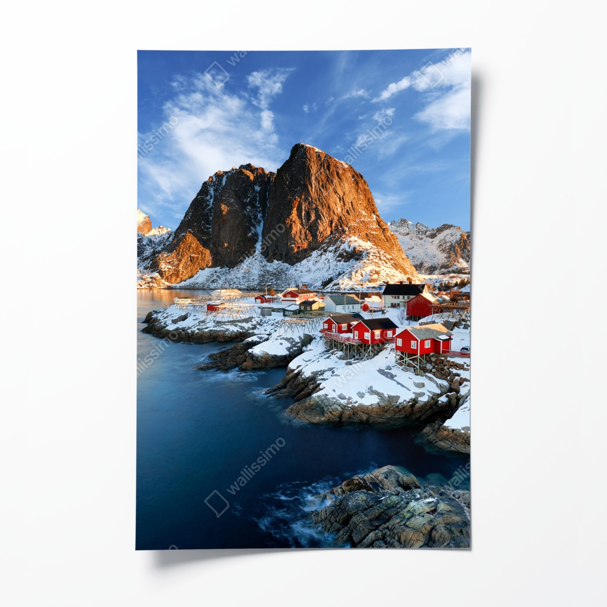Poster sunlit Hamnøy village by the fjord