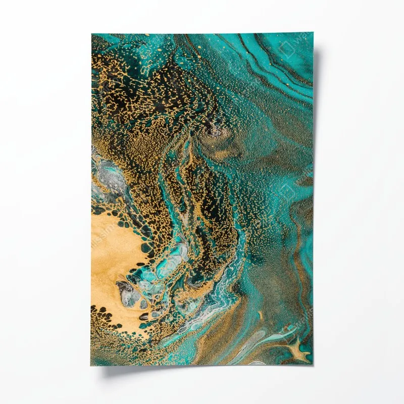 Plakat turkusowy i złoty płynny wir abstrakcji