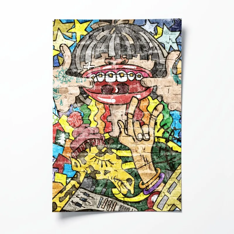 Plakat kolorowy mural graffiti z zabawną postacią