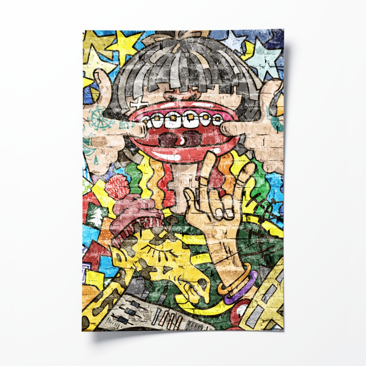 Poster colorful graffiti mural with playful character