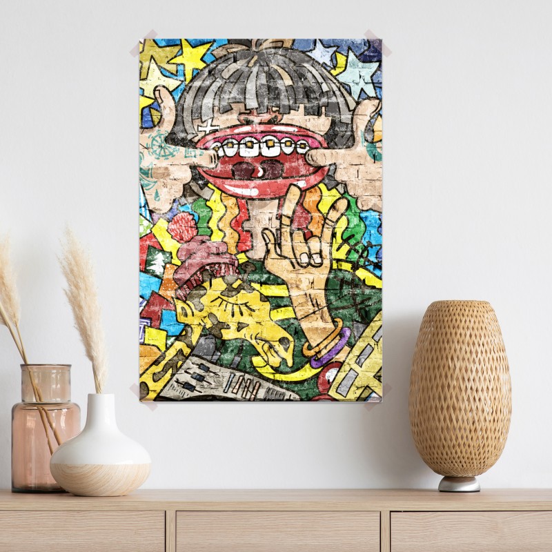 Plakat kolorowy mural graffiti z zabawną postacią