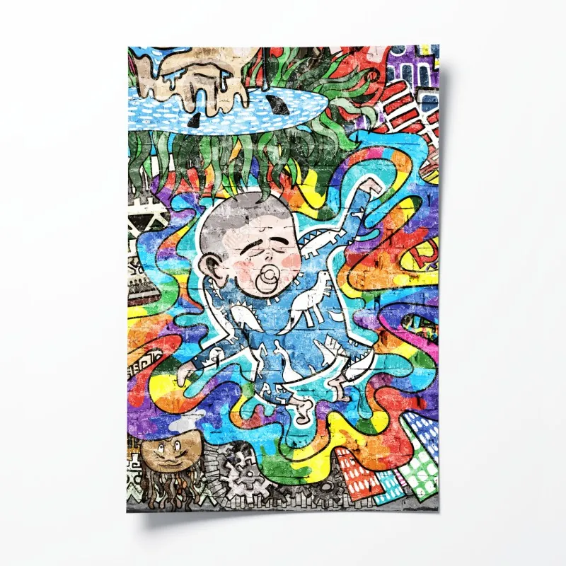 Plakat kolorowy mural graffiti ze śniącym dzieckiem