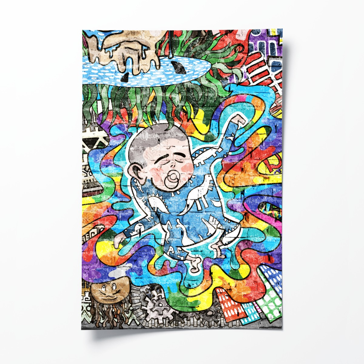 Poster colorful graffiti mural with dreaming child
