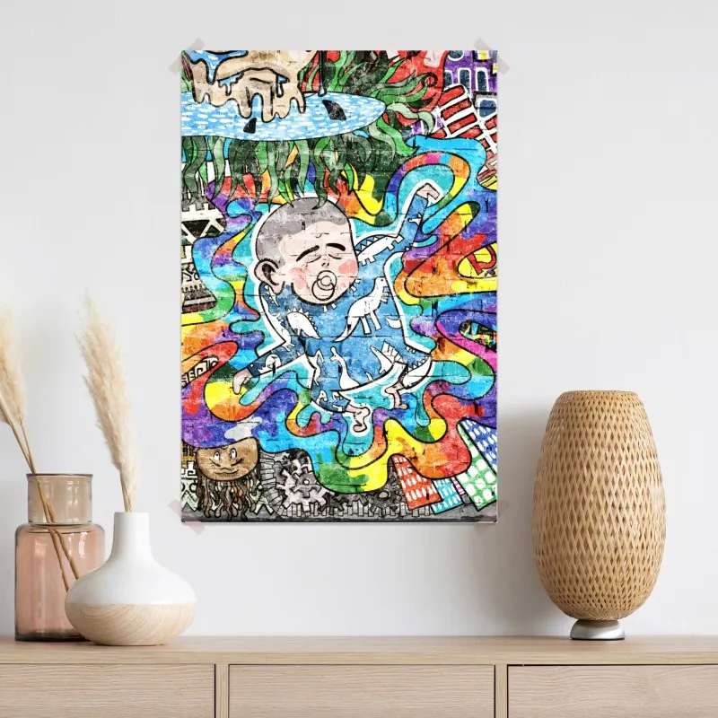 Plakat kolorowy mural graffiti ze śniącym dzieckiem