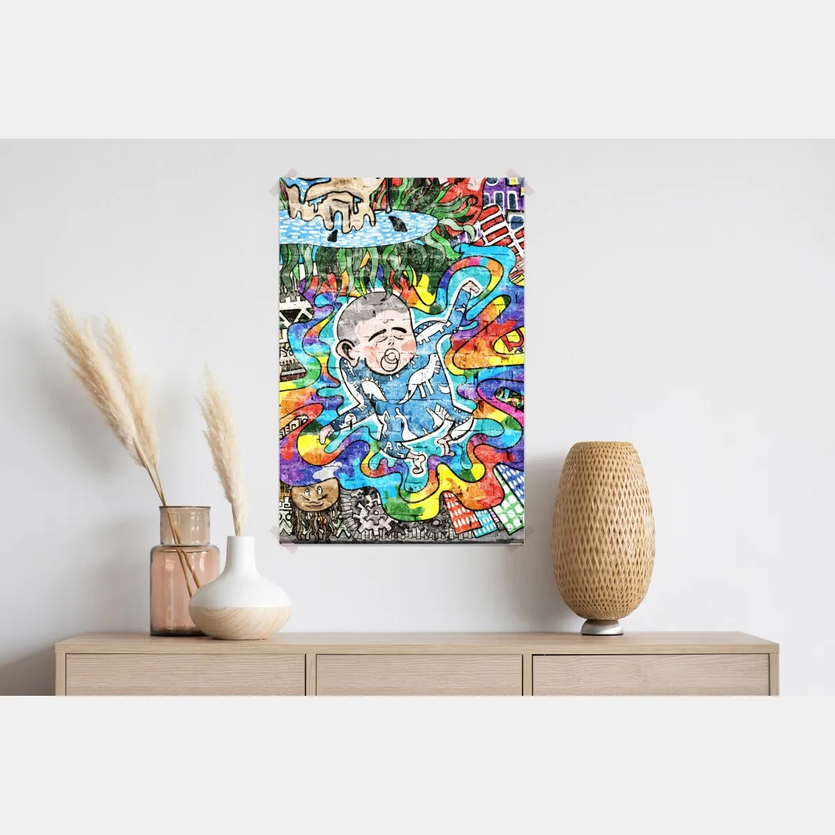 Plakat kolorowy mural graffiti ze śniącym dzieckiem – Wallissimo® Plakat kolorowy mural graffiti ze śniącym dzieckiem – Wallissimo®