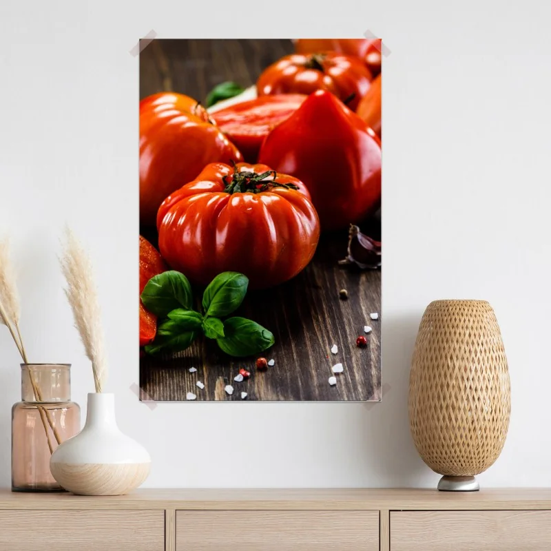 Plakat dojrzałe pomidory na rustykalnym stole – Wallissimo® Plakat dojrzałe pomidory na rustykalnym stole – Wallissimo®