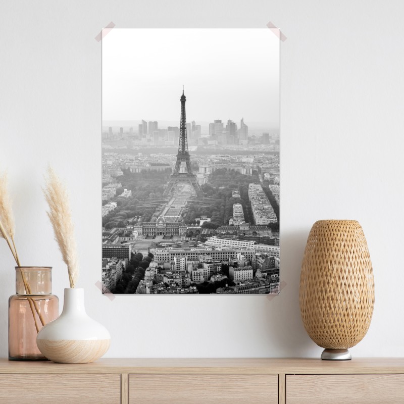 Plakat elegancka Wieża Eiffla panorama lotnicza w odcieniach szarości – Wallissimo® Plakat elegancka Wieża Eiffla panorama lotnicza w odcieniach szarości – Wallissimo®