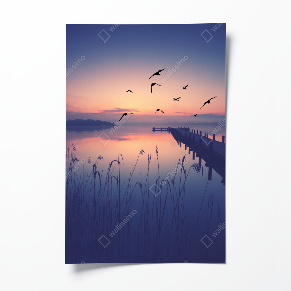 Poster serene lakeside sunrise with birds