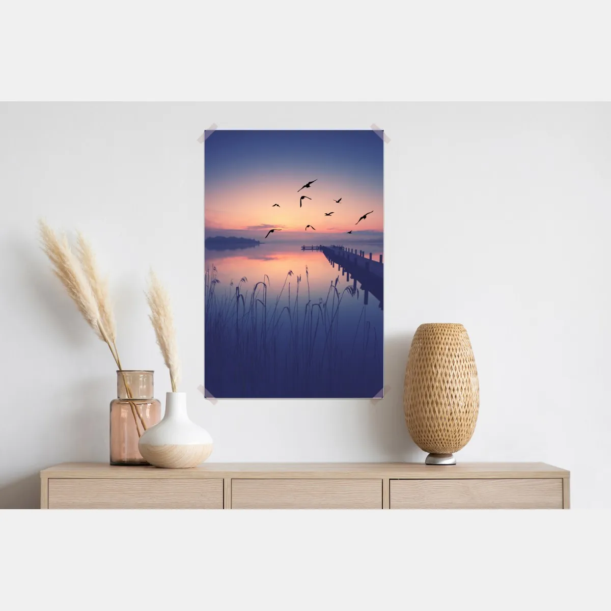 Plakat spokojny wschód nad jeziorem z ptakami – Wallissimo® Plakat spokojny wschód nad jeziorem z ptakami – Wallissimo®