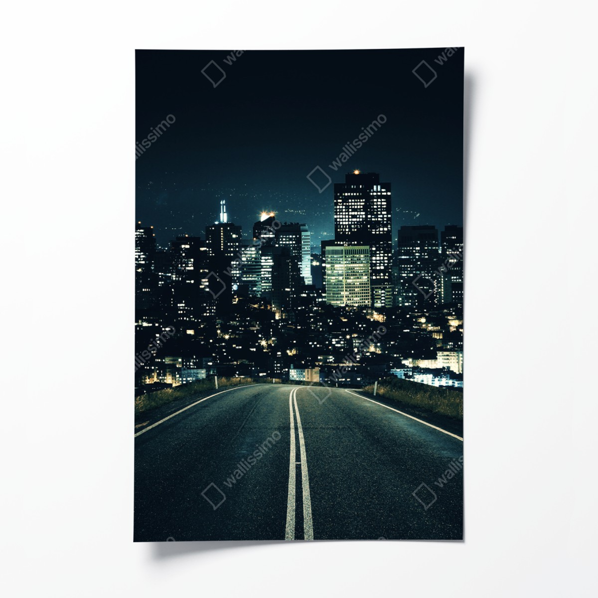 Poster road to illuminated city skyline at night