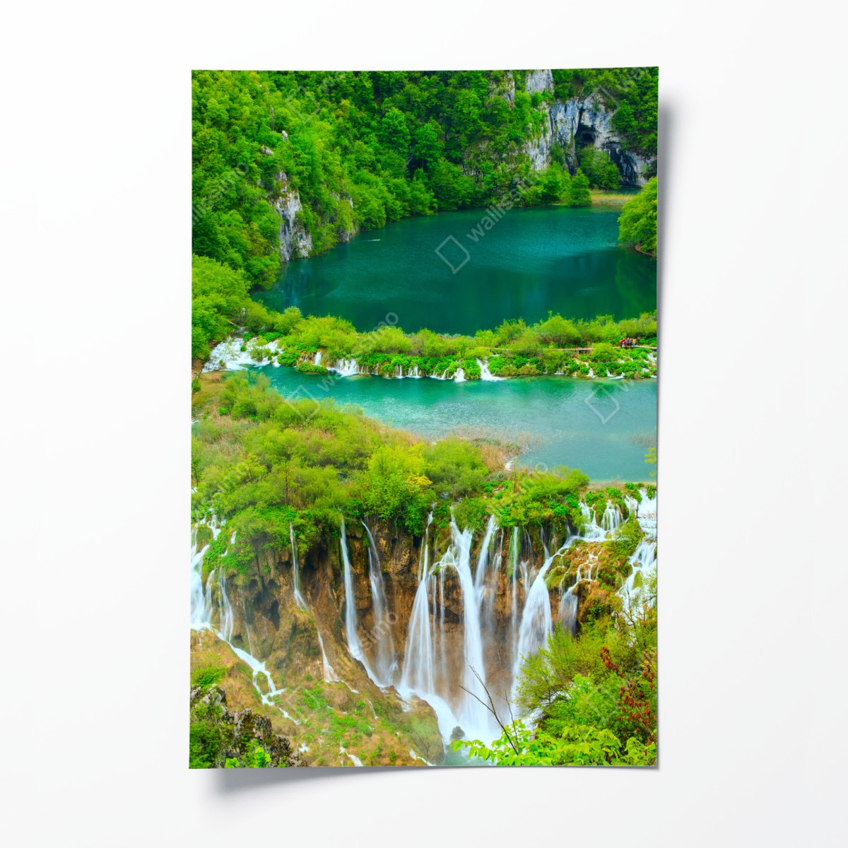 Poster lush waterfall and turquoise lakes panorama