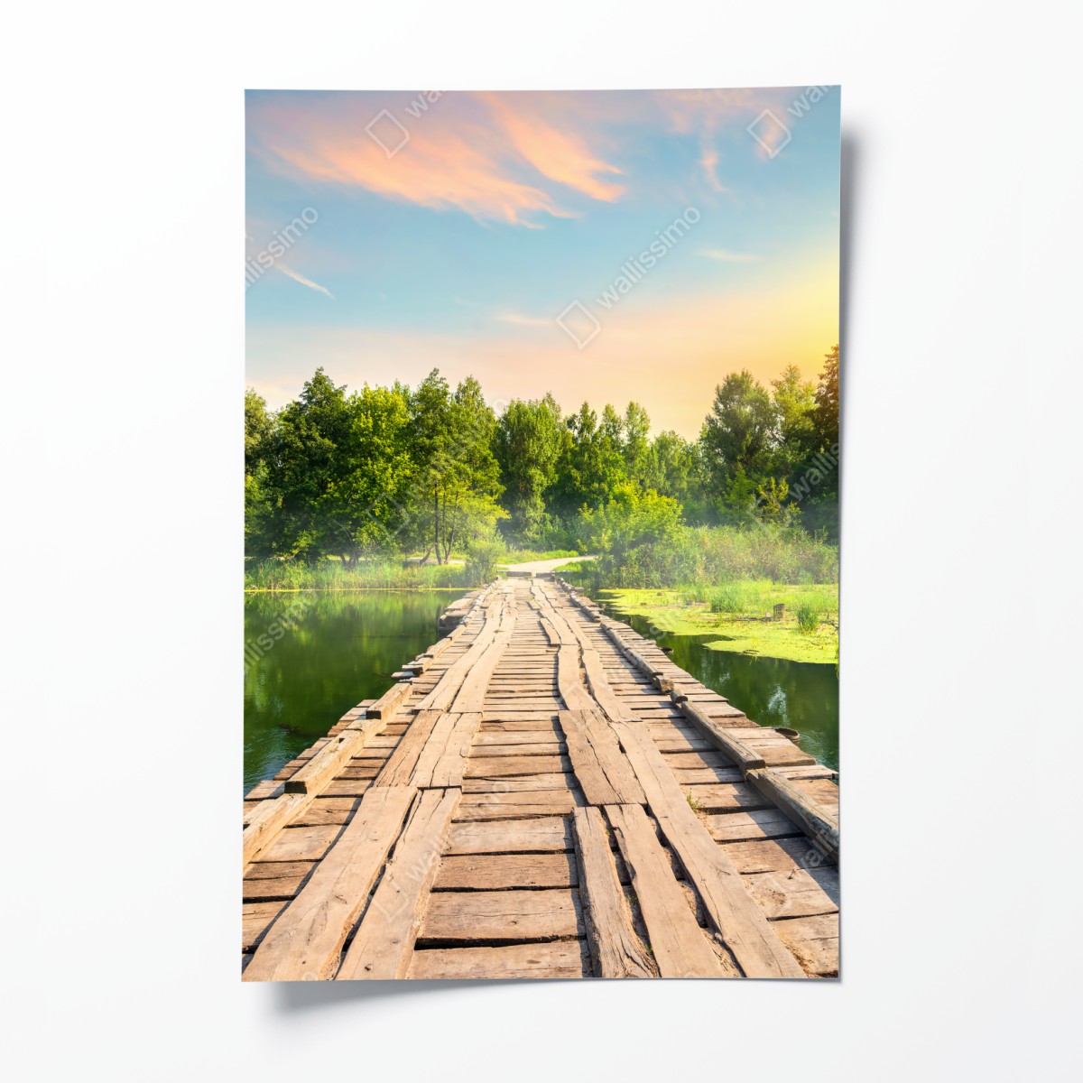 Poster sunlit wooden bridge over tranquil lake