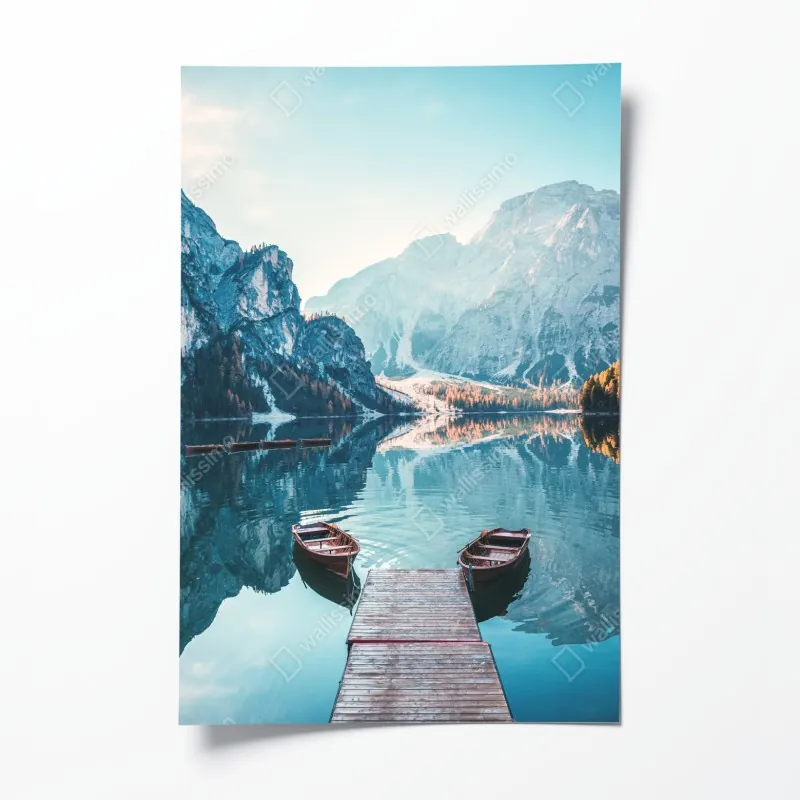 Plakat spokojny poranek nad jeziorem Braies, Dolomity