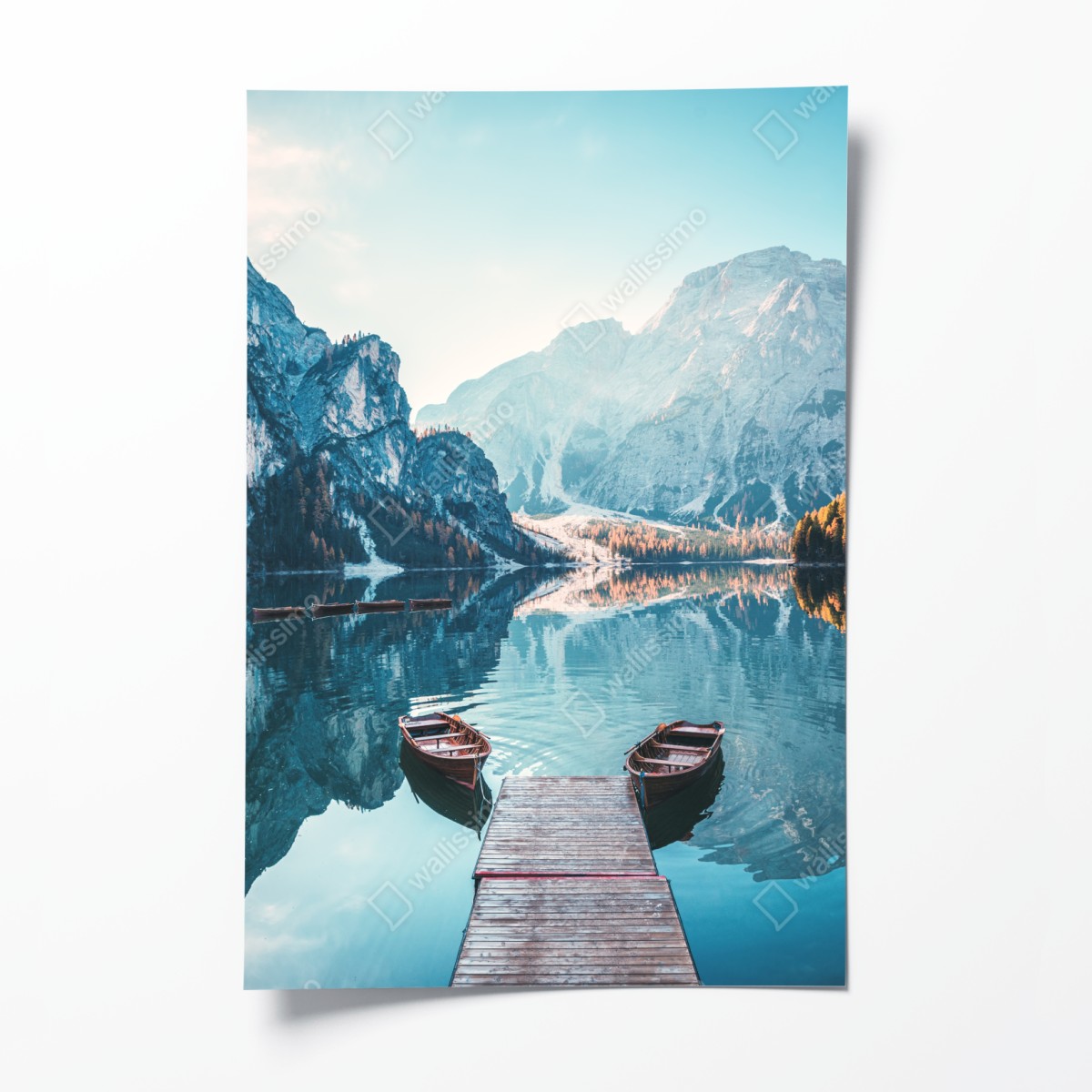 Poster sunlit dock at Braies Lake, Dolomites