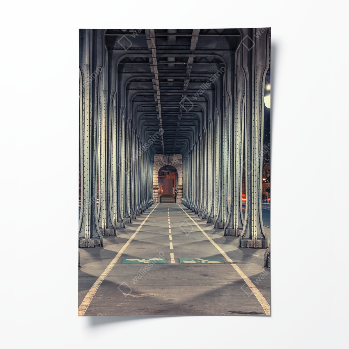 Poster symmetrical iron bridge corridor at night