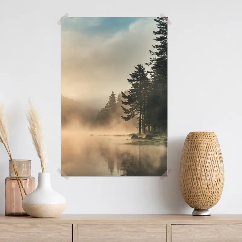 Plakat mglisty wschód słońca nad leśnym jeziorem – Wallissimo® Plakat mglisty wschód słońca nad leśnym jeziorem – Wallissimo®